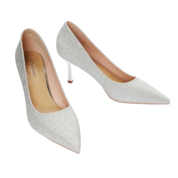 NEW! C.Paravano Sparkly Pump Shoes Pointed Toe Glitter Heel Silver Size 7.5 - Picture 1 of 12